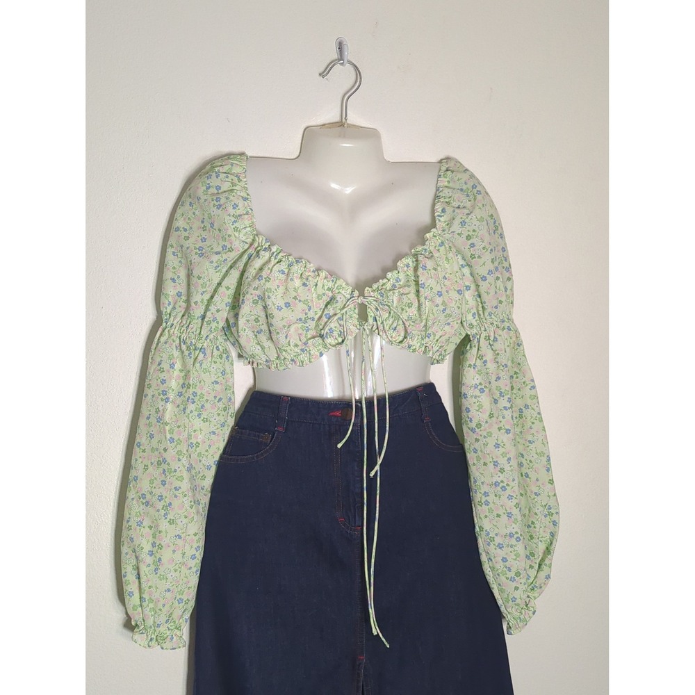 Womens Floral Crop Top Puff Sleeve Sweetheart Neck Cottagecore Coquette Medium